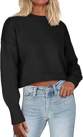 Zeagoo Womens 2024 Fall Crewneck Cropped Sweater Cozy Long Sleeve Ribbed Knit Pullover Dropped Shoulders Trendy Jumper Tops