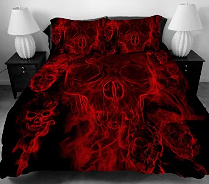 YSJ 3 PCS Duvet Cover Set with Zipper Closure,Ties-Black Red Skull Pattern Printed-Queen Size Bedding Set Comforter Protector Pillowcases (Queen)
