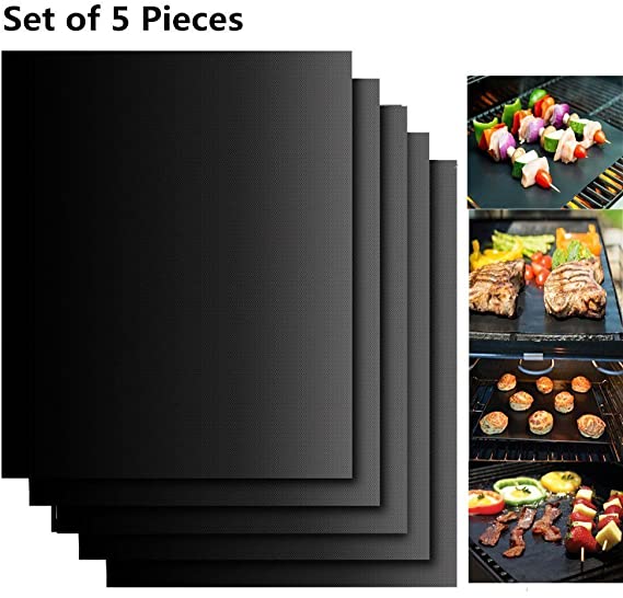 EXTSUD BBQ Grill Mat, 5 bbq Grill Mats Non Stick Reusable and Baking Mesh FDA-Certificated for Indoor Outdoor BBQ Works on Gas Charcoal Electric Grill Sheets 40x33CM (Black)