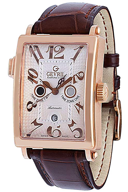 Gevril Men's Wristwatch 5150R Avenue of Americas Serenade Twin Time Zone Brown Watch.
