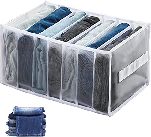 Yancorp Drawer Organizers for Clothing, Wardrobe Clothes Organizer for Drawers Folded Clothes Storage Bins Mesh Storage Compartment for Thin Jeans Pants T-Shirts Legging(Jeans 7 Grids, White)