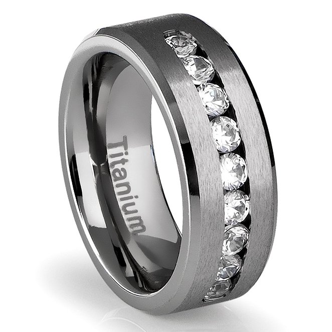 8MM Men's Titanium Ring Wedding Band with Flat Brushed Top and Channel Set CZ