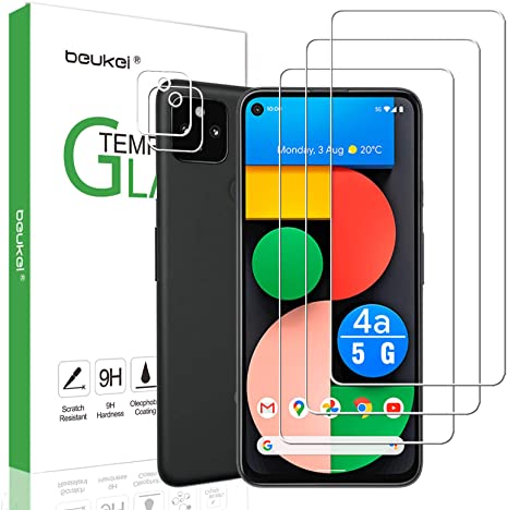 [5-Pack] Beukei Compatible for Google Pixel 4a 5G Screen Protector (3-Pack) and 2 Pack Camera lens protector (NOT FIT Google Pixel 4a 4G Version) ,HD Clear Scratch Resistant Bubble Free Anti-Fingerprints 9H Hardness Tempered Glass