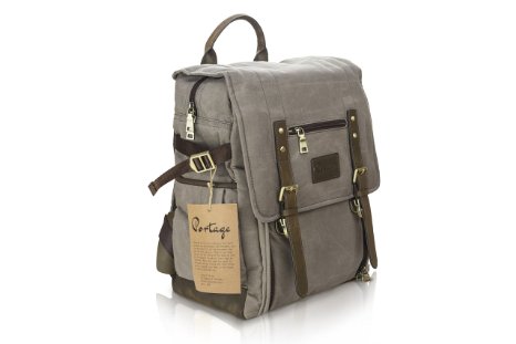 Portage Waxed Canvas with Genuine Leather Camera Laptop Backpack