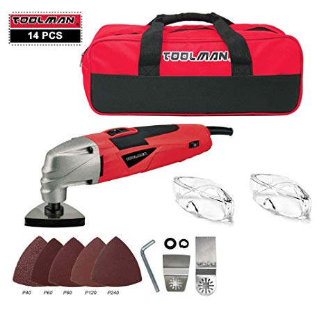 Toolman 11pcs Multi-Purpose Oscillating Tool 2.1A 5 Speed with Safety Goggle Glasses Cutting Griding and Tool Bag For Cutting Grinding works with DeWalt Makita Ryobi Accessories