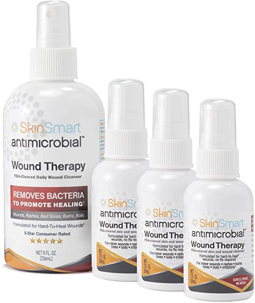 SkinSmart Antimicrobial Wound Therapy Travel Size Bundle, (1) 8 oz Bottle Plus (3) 2 oz Bottles, Hypochlorous Acid Safely Removes Bacteria so Wounds Can Heal