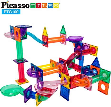 PicassoTiles Marble Run 100 Piece Magnetic Tile Race Track Toy Play Set STEM Building & Learning Educational Magnet Construction Child Brain Development Kit Boys Girls Age 3 4 5 6 7 8  Years Old Toys