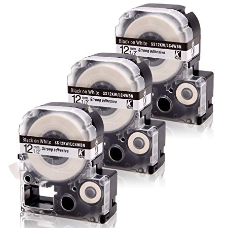 Absonic LK-4WBN LC-4WBN SS12KW LC 4WBN9 Standard LK Label Tape Cartridge 1/2'' Compatible for Epson LabelWorks LW-300 LW-400 LW-500 LW-600P LW-700 Label Maker, Black on White, 1/2in x 26.2ft, 3-Pack