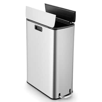 Goplus 12 Gallon Stainless Steel Trash Can, Kitchen Waste Bin with Soft-Closing Wing Lids & Removable Inner Bucket, Slim Step Garbage Can for Living Room Home Office, Silver