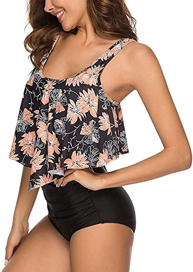 Women's High Waisted Tankini Swimsuits 2 Piece Tummy Control Floral Ruffle Flounce Bikini Top