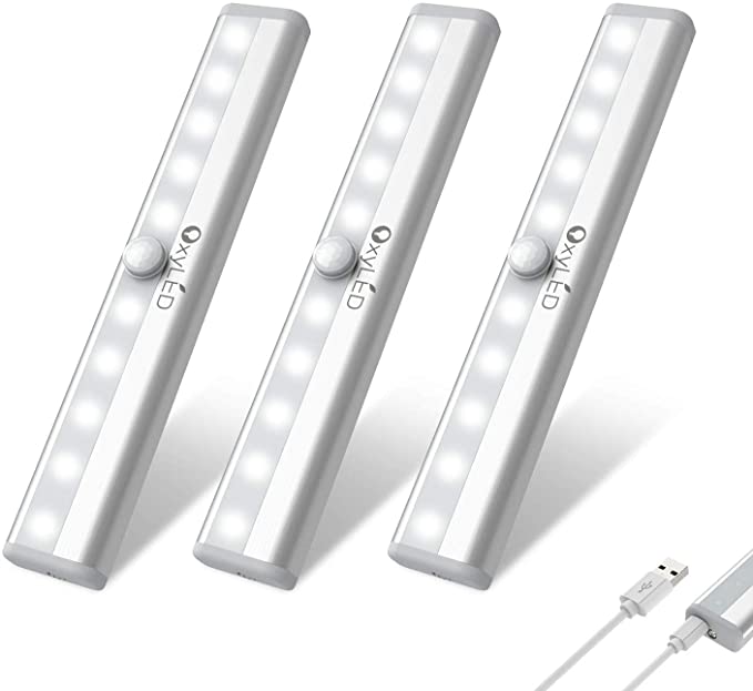 Under Cabinet Lighting, OxyLED USB Rechargeable Motion Sensor Closet Light, Wireless Magnetic Stick-on Cordless 10 LED Night Light Bar for Closet Cabinet Wardrobe Stairs, 3 Pack