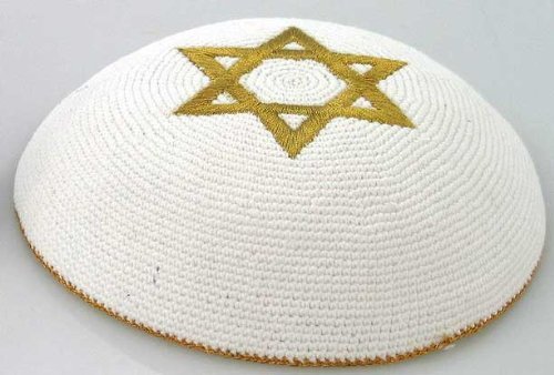 Knitted White Kippah with Golden Star of Magen David