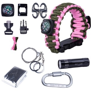 TTLIFE Ultimate 13-pieces Survival Kit including Paracord Bracelet with Bottle OpenerCompassFire StarterWhistle LED Flashlight Emergency Blanket CarabinerWire Saw - BEST Survival Gear