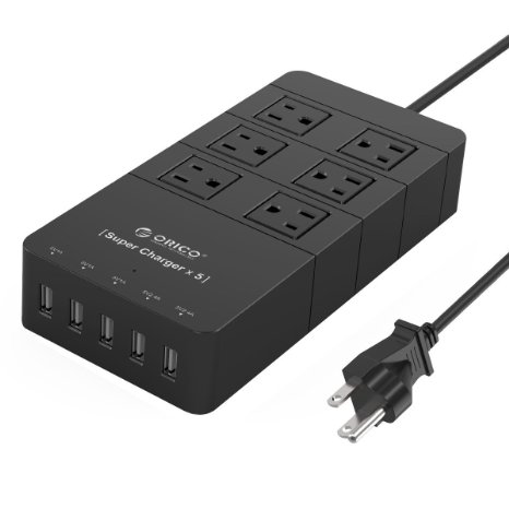 ORICO HPC-6A5U Home office 6 Outlet Surge Protector Power Strip with 5 Port 40W USB Charger for iPhone iPad - Black