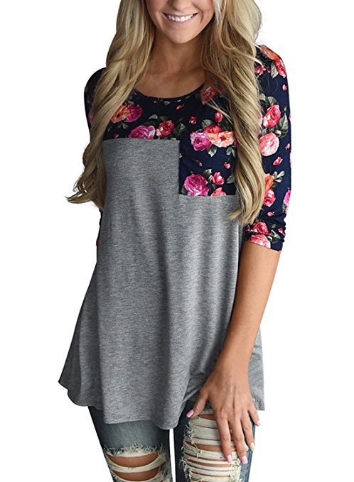 Annflat Women's Floral Print Crew Neck 3 4 Sleeve T-Shirt Casual Pocket Blouse Tops