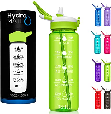 HydroMATE 32 oz Motivational Water Bottle Time Marker BPA Free Bottle with Straw Workout Gym Fitness Bottle with Straw Track Intake & Drink More Hydro MATE 1 Liter 32oz