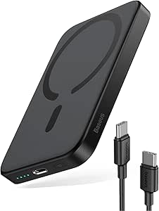 Baseus Batterie Externe Magsafe, Power Bank Magnétique sans Fil 6000mAh, PD 20W USB C Chargeur Portable, Magsafe Batterie pour iPhone 15/14/13/12 Série, Noir