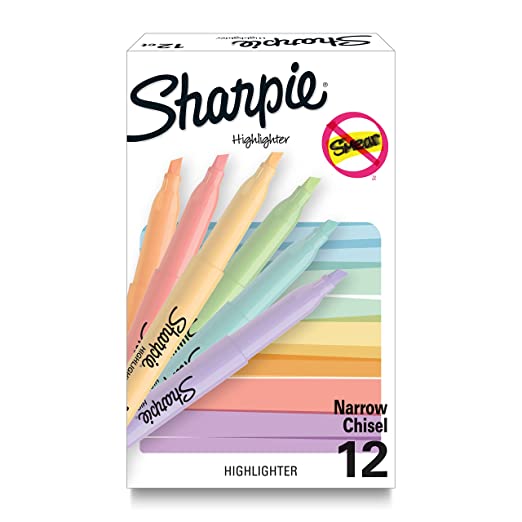 Sharpie Pocket Highlighters, Mild Pastel Colors, Assorted, Chisel Tip, 12 Count