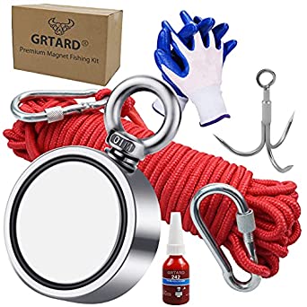 Fishing Magnet with 1000LBS(453KG) Strong Magnet Double Sided Neodymium Magnet Fishing Kit Pulling Force with 20m (65 Foot) Durable Rope and Protective Gloves