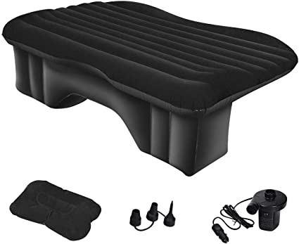 Goplus Inflatable Car Air Mattress, Backseat SUV Air Bed w/Pillow, Portable Car Mattress for Camping Travel Rest, Thickened Home Sleeping Pad w/Flocking Surface Electric Air Pump, Black
