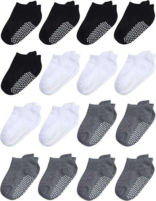 Cooraby 16 Pairs Toddler Non Slip Grip Ankle Socks Anti Skid Athletic Socks for Toddlers Boys or Girls