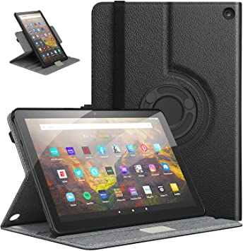 MoKo Folio Case for All-New Fire HD 10 and Fire HD 10 Plus Tablet（Only 11th Generation, 2021 Release, 90 Degree Rotating Swivel Leather Cover Case with Auto Wake/Sleep for 10.1 inch Tablet, Black