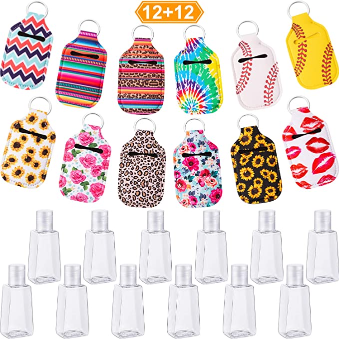 12 Pieces Empty Travel Size Bottle with Keychain Holder 30 ml Flip Cap Reusable Bottles with 12 Pieces Keychain Carriers Refillable Bottles for Soap Liquids