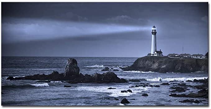 Pyradecor Large The Sea and Pigeon Point Lighthouse Canvas Prints Wall Art California Seaview Pictures Paintings for Living Room Bedroom Home Decorations Modern Seascape Landscape Giclee Artwork