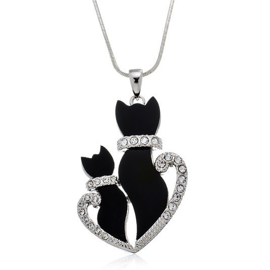 PammyJ Momma and Baby Black Kitty Cat Crystal Pendant Necklace, 18"