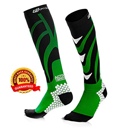 Active Fit Compression Socks (Men & Women) - Premium Graduated Athletic Fit for Running, Cycling, Nurses, Flight Travel, Maternity and for Stamina & Recovery (Green & Black - Men's L/Women's XL)