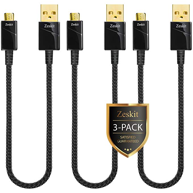[3-Pack 1ft] Zeskit Gold Plated | Quick Charge Supported | Nylon Braided Micro USB Charging and Sync Cable - Durable Anti-Scratches Housing - for Samsung Moto HTC Nexus Android Smartphones Kindle