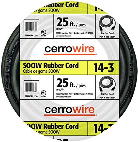 Cerrowire 283-3403A 25-Feet 14/3 SOOW Rubber Flexible Extra Heavy Duty Cord, Black