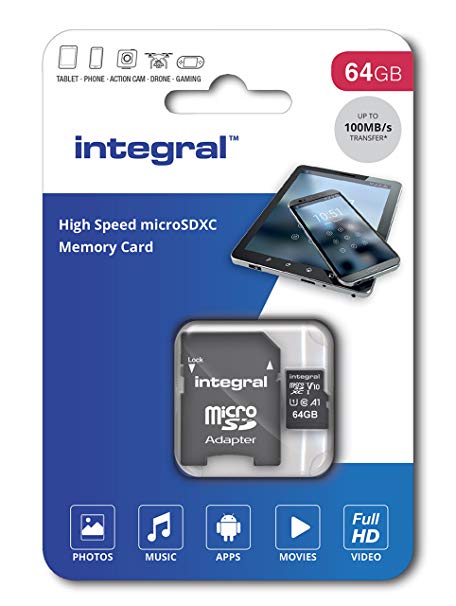 Integral 64 GB High Speed Micro SD (microSDXC) V10 UHS-I U1 Memory Card