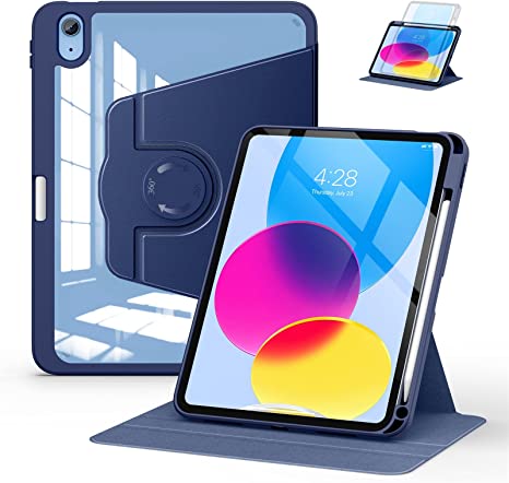 Soke Rotating Case for iPad 10th Generation 10.9-Inch 2022 with Pencil Holder - 360 Degree Rotate Stand Protective Case with Clear Back & Smart Sleep/Wake Cover - Navy Blue