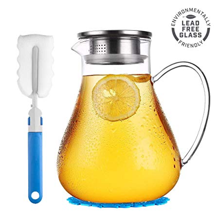 JIAQI Cold/Hot Borosilicate Glass Water Pitcher for Juice Lemon Water Iced Tea | Stainless Steel Lid | Handle & Strainer - 65 OZ (FREE Brush Coaster include)