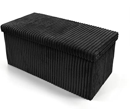 Large Corduroy Ottoman Foldaway Storage Blanket Toy Box Bench Pouffe Footstool Ottoman (Black, 76cm x 38cm)