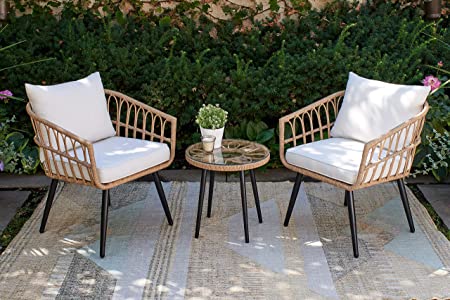 Quality Outdoor Living 65-YZ03HM Hermosa 3 Piece Chat Set, Tan Wicker   Linen Cushions