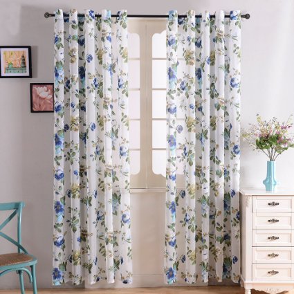 Top Finel Garden Bloom Voile Window Curtain Sheer Curtain Panels For Living Room 54-inch Width X 84-inch Length,Grommets,Single panel,Blue