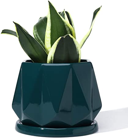 POTEY 052706 Plant Pot with Drainage Hole & Saucer - 4.7 Inch Glazed Ceramic Modern Geometric Shaped Planters Indoor Bonsai Container for Plants Flower Aloe(Shiny Green, Plants Not Included)