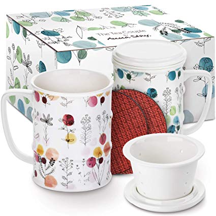 TRIVETRUNNER -ANNA STAY Tea Infuser Mug (Set of 2) 14 oz. Porcelain Tea Cups with Lid and Infuser Ultra-Fine Mesh for Steeping - 2 Heat-Resistant, Non-Slip Drink Coasters (Bloom)