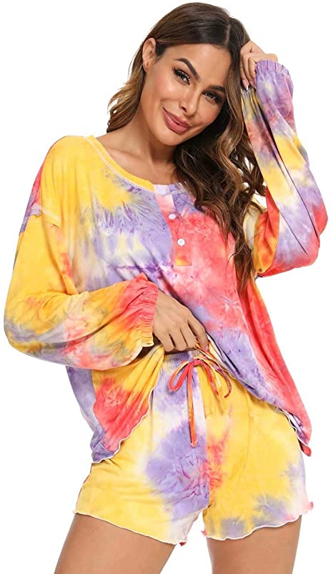 Bloggerlove Tie Dye Pajamas Long Sleeve Shirt & Shorts Button Down Lounge Sets