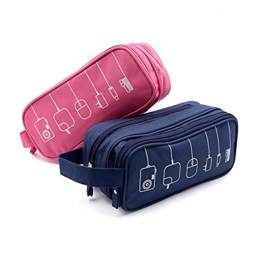 HONSKY 2 Set Medium Water Repellent Travel Electronics Accessories Gadget Cable Cord Organizer, Hanging Cosmetic Makeup Toiletry Space Storage Bags Cases Pouch for Kids Women Men, Pink & Dark Blue