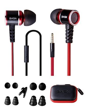 BASN Stereo In-ear Earphone with Microphone Flat Cable Tangle Free Bass Noise Isolating Metal Remote Playing Control for Smart Phones (black-red)
