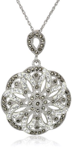 Sterling Silver Marcasite and Clear Crystal Flower Pendant Necklace 18