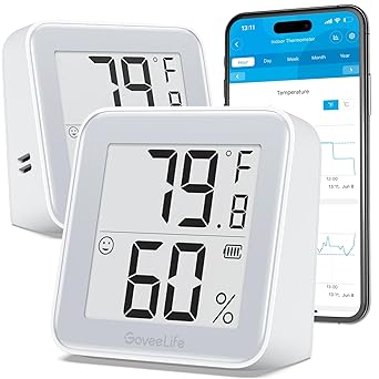 GoveeLife E-Ink Bluetooth Thermometer Hygrometer, Digital Indoor Wireless Temperature Humidity Sensor with Alert Notification, 1 Year Life-Time Bettery, Free Data Storage Export, 2 Pcak (with Battery)