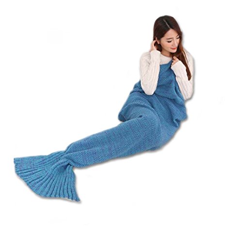 AISHN Knitted Mermaid Tail Blanket,Soft Crochet Blanket,Cute and Cozy Sleeping Bags for Sofa,Bed linens,Camping,Business Trip and Travelling Gift choice for Adults,Kids,7135.5 inch Blue