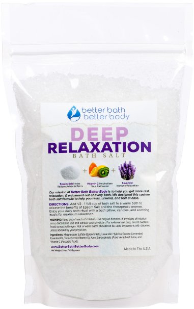 Deep Relaxation Bath Soak Epsom Salt With Lavender Essential Oils and Vitamin C - 100 All Natural No Perfumes and Dyes - Relieve Tension and Stress Naturally - 1 Lb Package