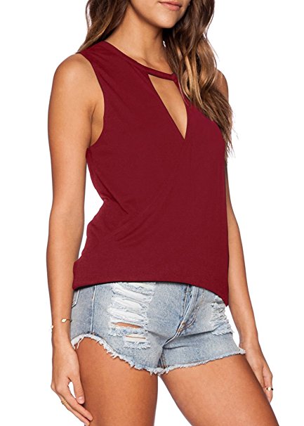 Fihapyli Womens Casual V Neck Wraps Sexy T Shirt Tee Tops Sleeveless Blouse Loose Knit Summer T-Shirt
