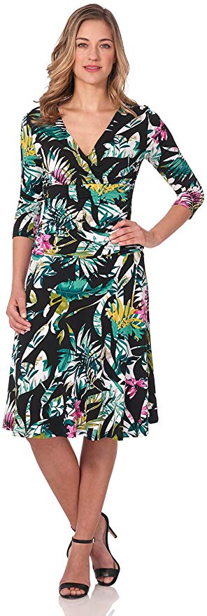 Rekucci Women's Slimming 3/4 Sleeve Fit-and-Flare Crossover Tummy Control Dress