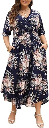 Nemidor Womens Casual Plus Size Boho Print V Neck Flared Maxi Dress with Pocket NEM403